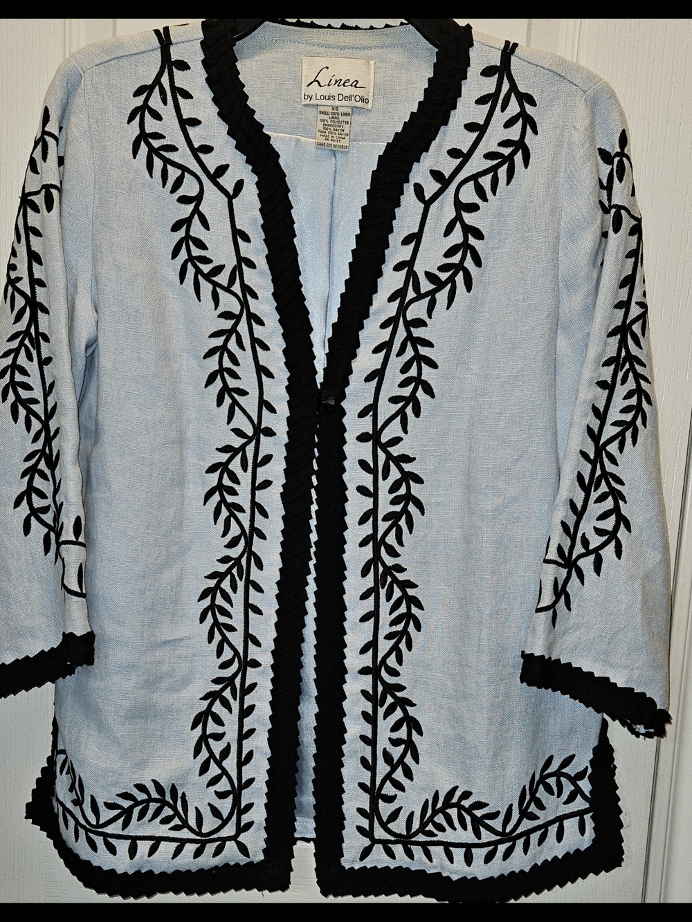 Linea by Louis Dell'Olio XS Light Blue Black Vintage Linen Embroidered Jacket